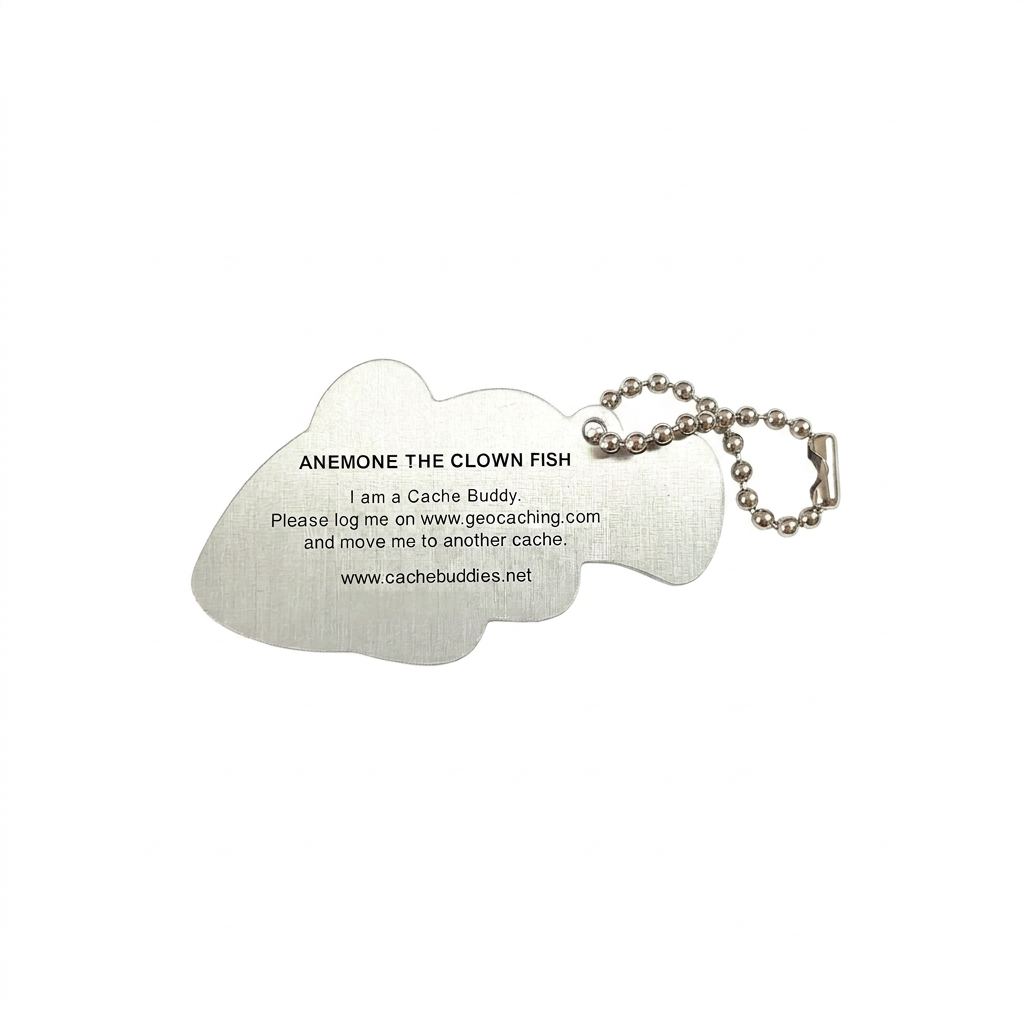 Anemone the Clown Fish aluminium travel tag reverse with logging instructions and unique tracking code removed