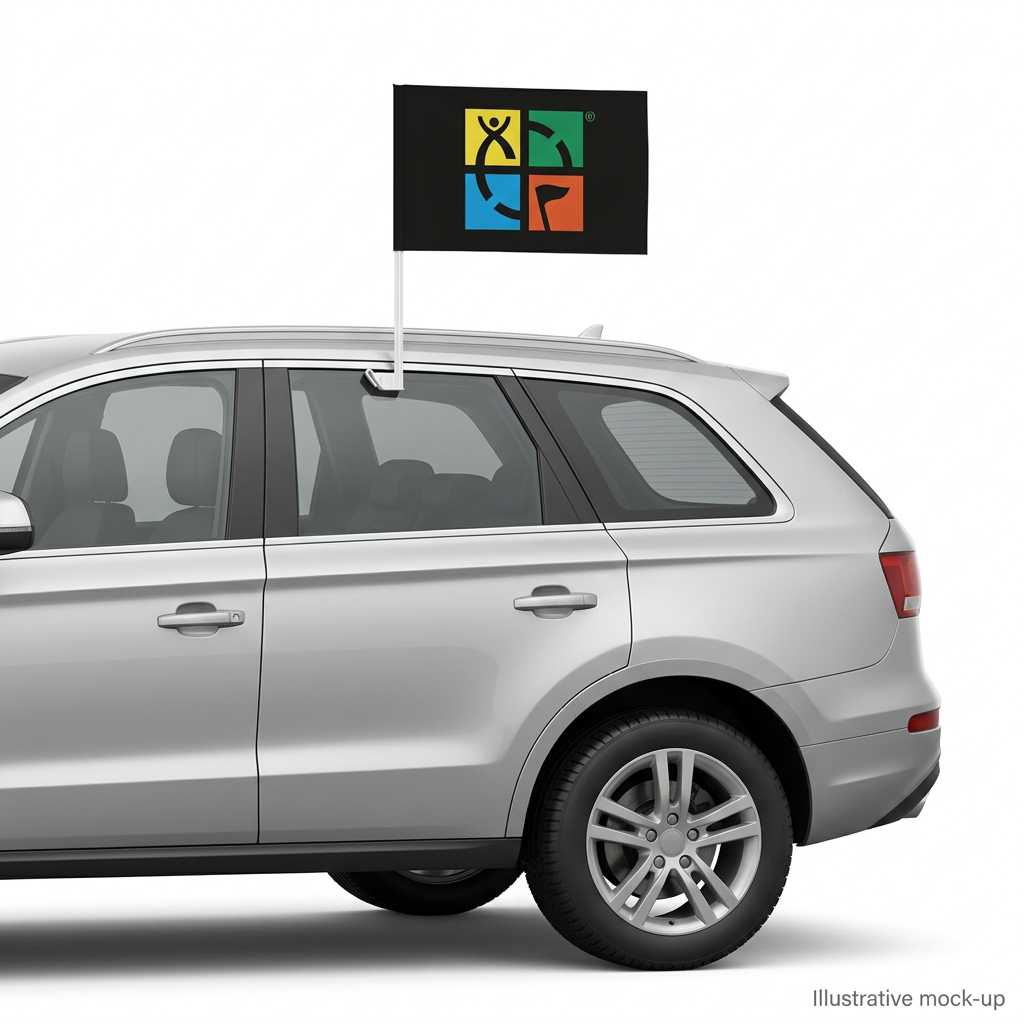 Illustrative mock-up of the Geocaching flag displayed at the rear window of a silver vehicle; not an actual installation