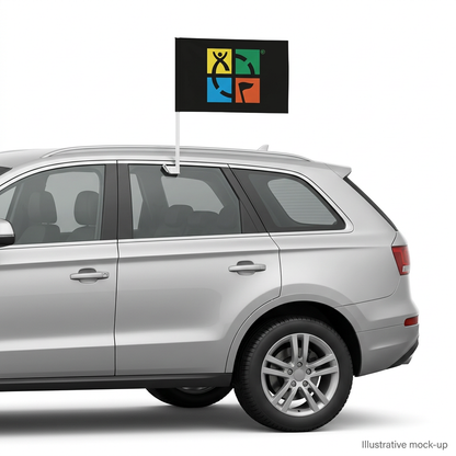 Illustrative mock-up of the Geocaching flag displayed at the rear window of a silver vehicle; not an actual installation