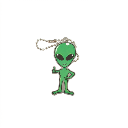 Helium the Alien green Cache Buddies travel tag giving a thumbs-up with silver ball chain