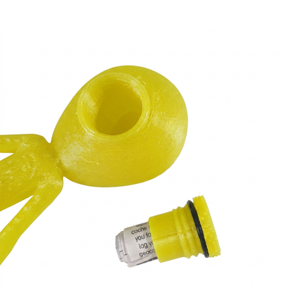 Large yellow alien open head compartment, screw plug, black O-ring and rolled log; digitally recoloured