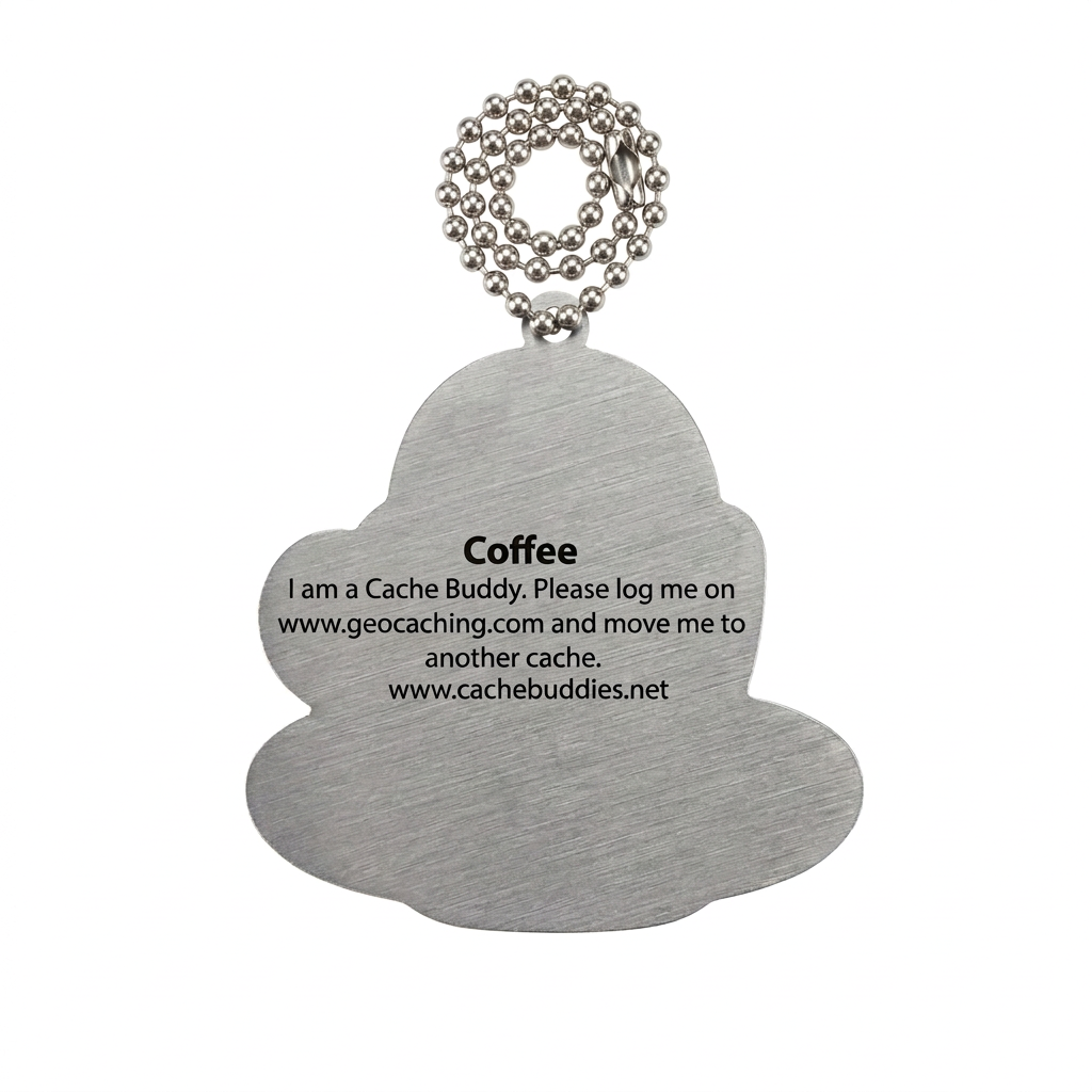 Coffee Travel Tag metal reverse with logging instructions and unique tracking code removed