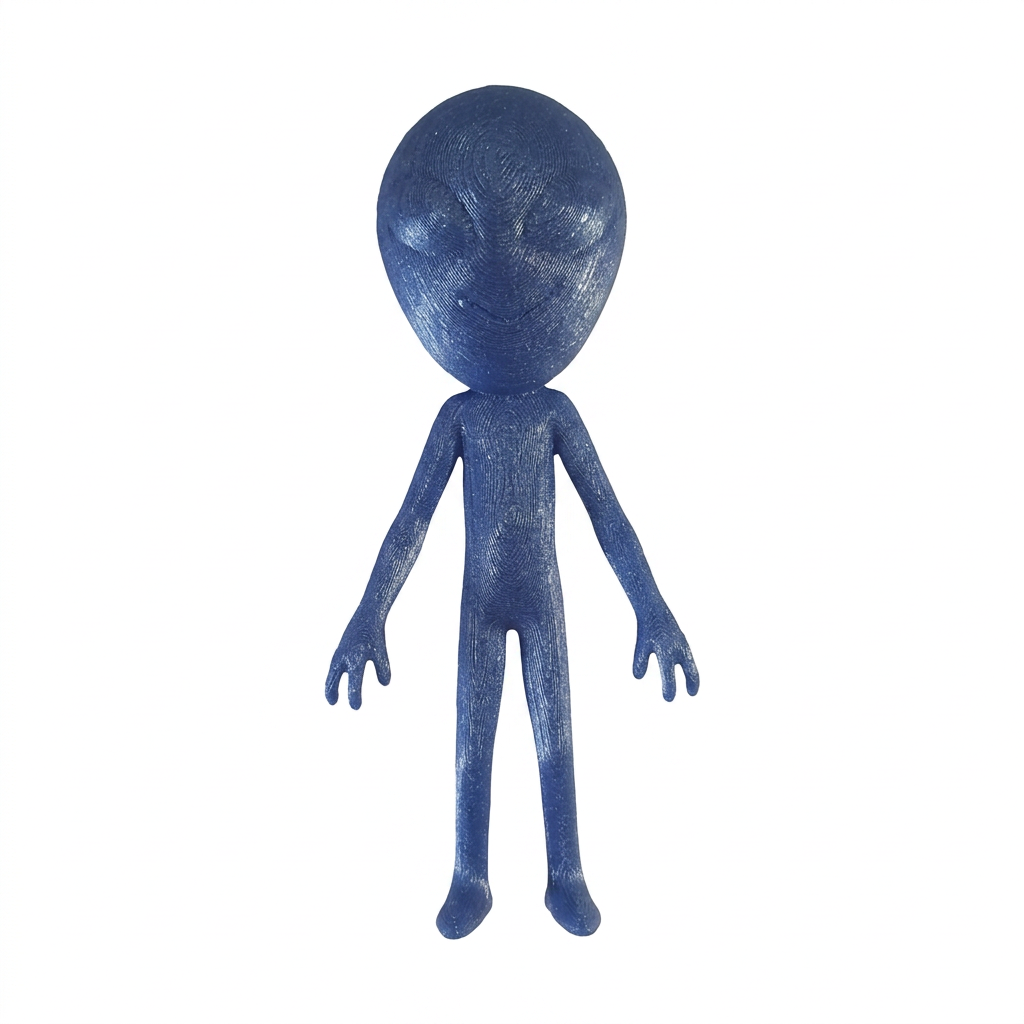 Front view of a blue 3D printed alien geocache container on a white background
