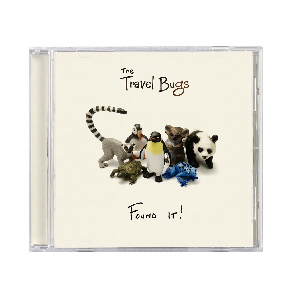 Front cover of Found It! by The Travel Bugs, showing animal figures in a CD jewel case