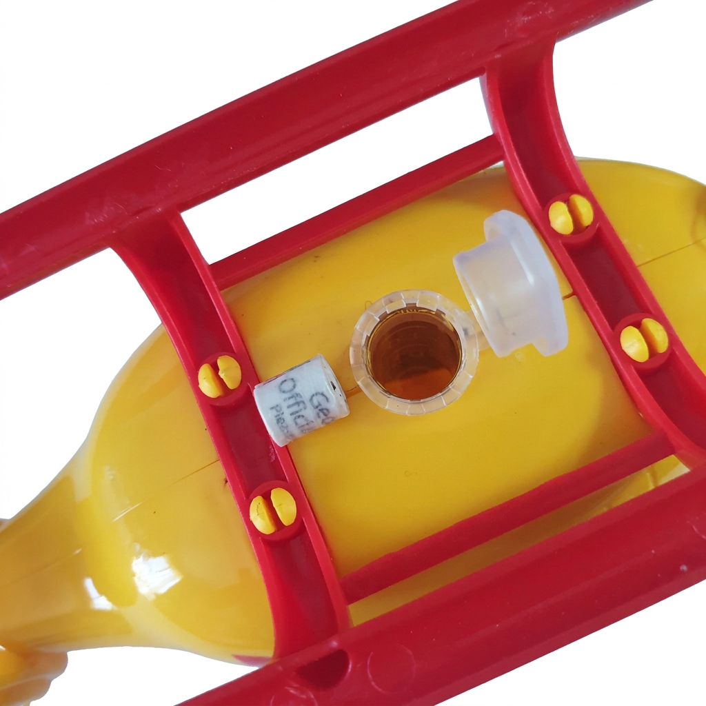 Close-up photograph of actual Helicopter geocache log opening with translucent hinged lid open and rolled log beside it