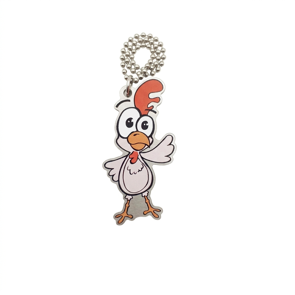 Charles the Chicken grey-and-white travel tag waving a wing, with compact silver ball chain on white