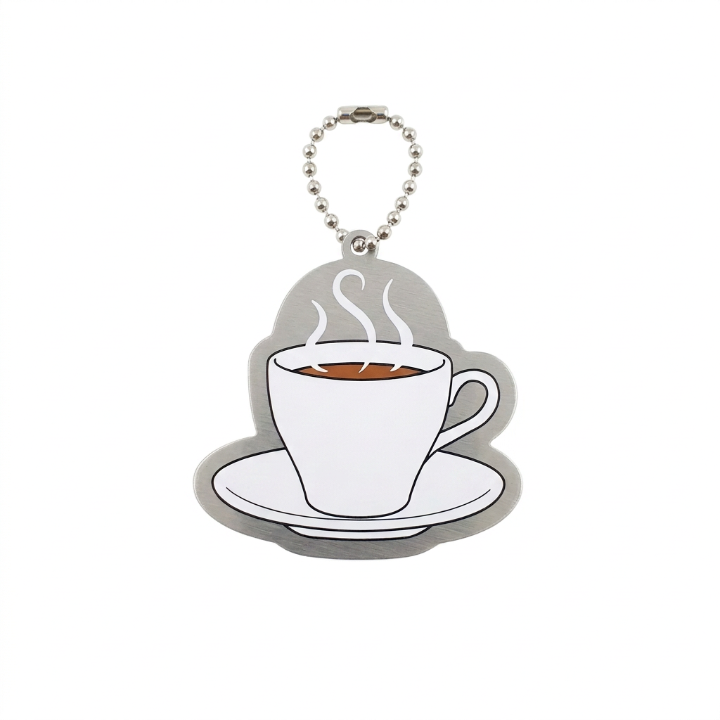 Coffee Travel Tag showing a white cup and saucer with steam and compact silver chain on white
