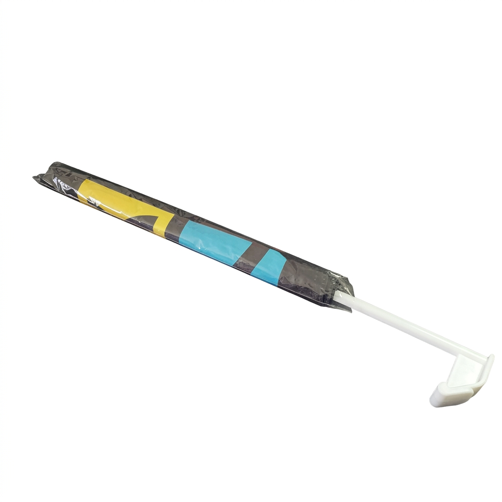 Rolled Geocaching car flag in a clear sleeve with the supplied white pole and window attachment