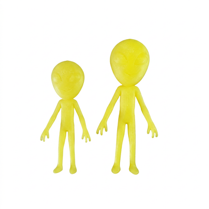 Small yellow alien left and large yellow alien right, sold separately; digitally recoloured size comparison