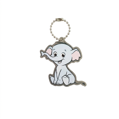 Ellie the Elephant pale blue-grey travel tag with pink ears and compact silver chain on white