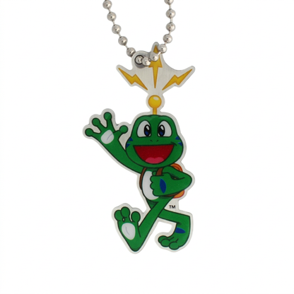 Signal the Frog Hiker travel tag with backpack, antenna and ball chain on a white background