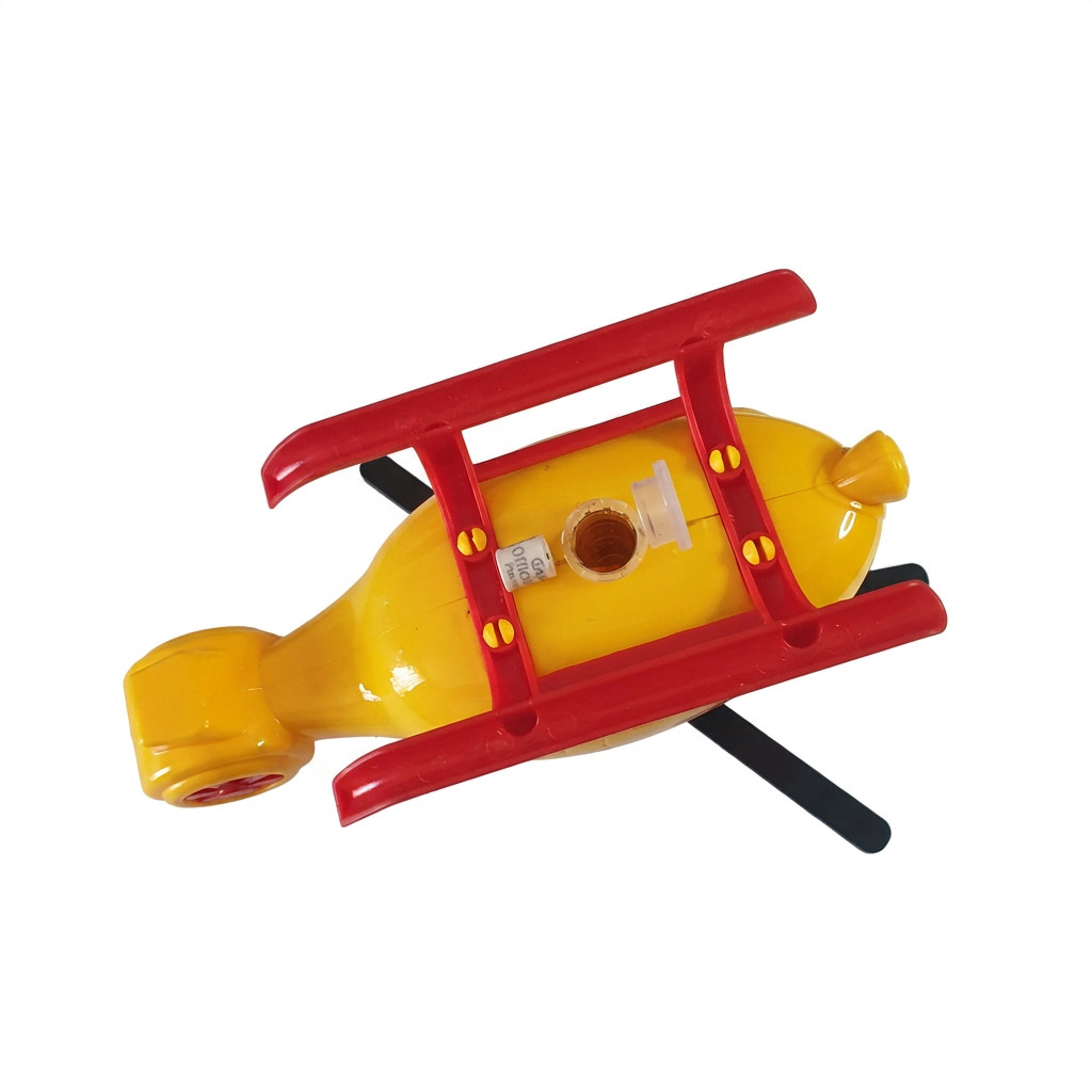 Actual Helicopter geocache underside showing open log compartment between the red landing skids and included rolled log