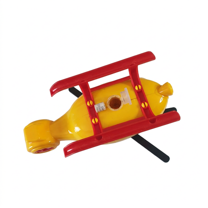Actual Helicopter geocache underside showing open log compartment between the red landing skids and included rolled log