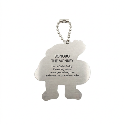 Bonobo the Monkey aluminium travel tag reverse with logging instructions and tracking code removed
