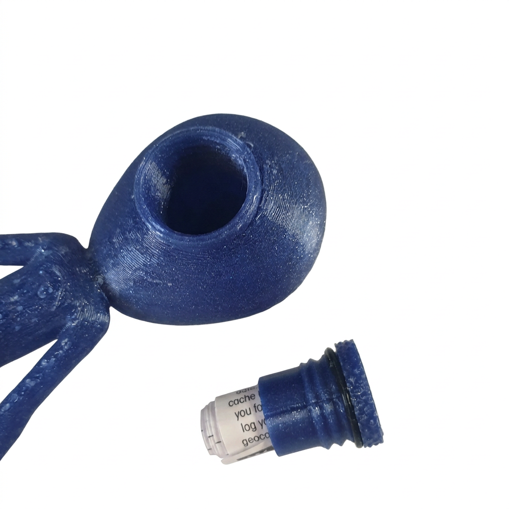 Alien head compartment opened beside the removable blue plug, black O-ring and rolled log