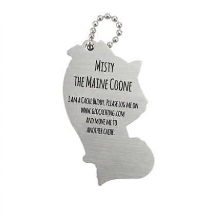 Misty the Maine Coone Cat aluminium travel tag reverse with logging instructions and unique tracking code removed