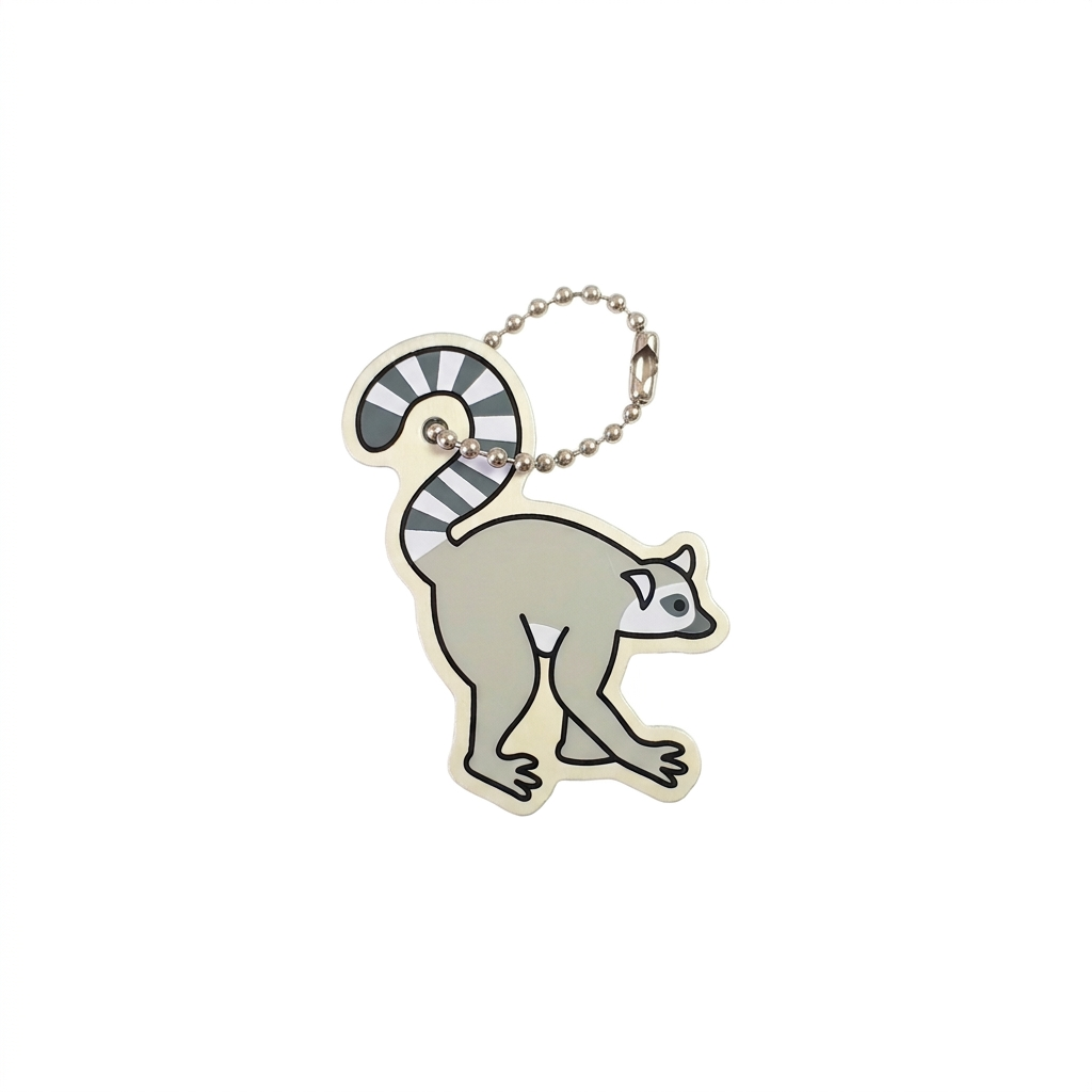 Leo the Lemur travel tag with curled striped tail and compact silver chain on white