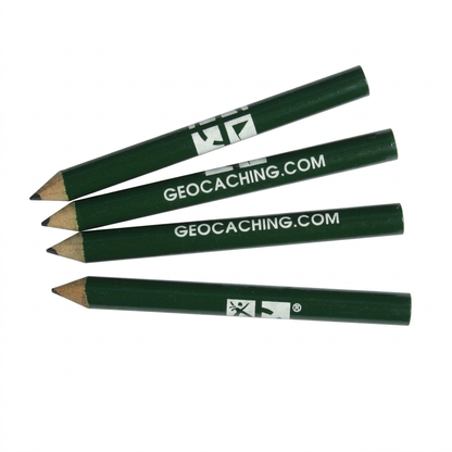 Four short dark green official geocaching.com pencils with sharpened tips on a white background