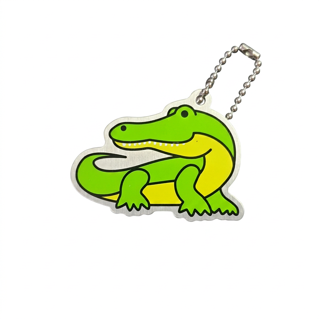 Alvin the Alligator green and yellow Cache Buddies travel tag with ball chain