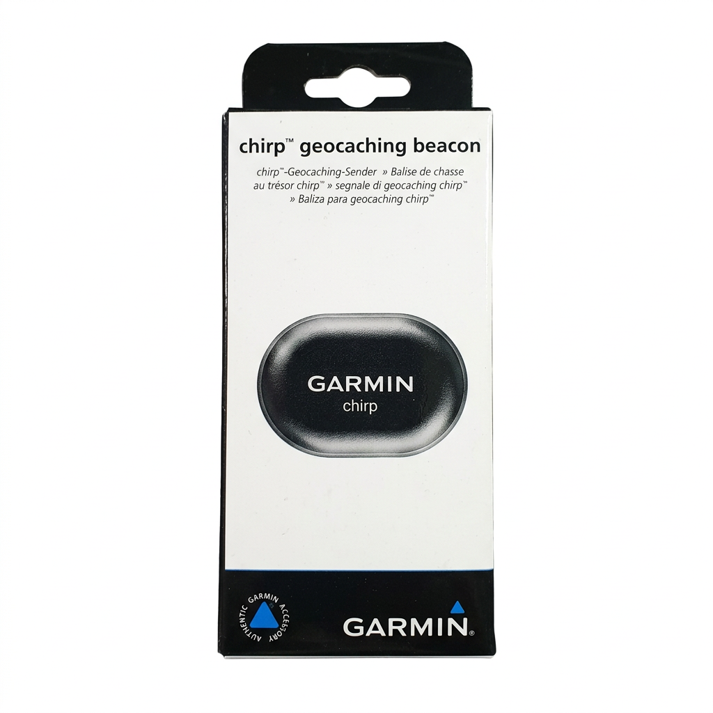 Front of original Garmin chirp wireless geocaching beacon retail box on a white background