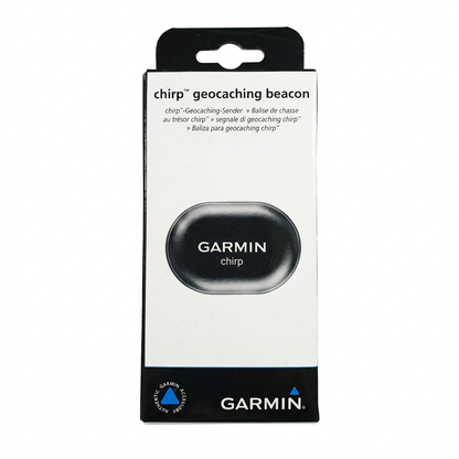Front of original Garmin chirp wireless geocaching beacon retail box on a white background