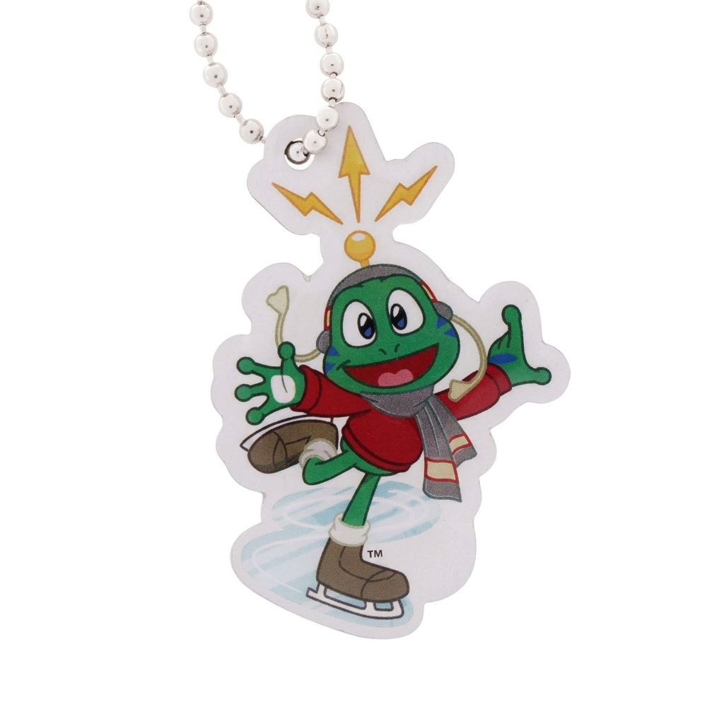 Skating Signal the Frog Winter Sports travel tag wearing a red jumper, scarf and ice skates, with ball chain on white