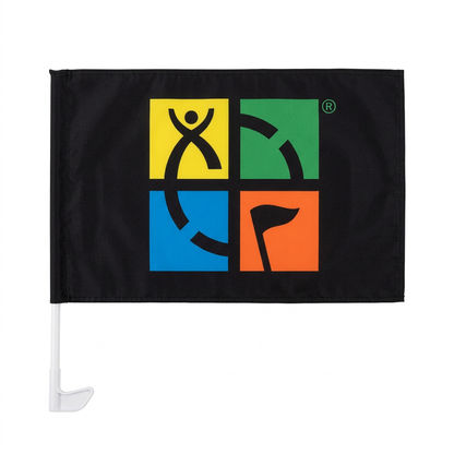 Official black two-sided Geocaching car flag with four-colour logo and white window pole
