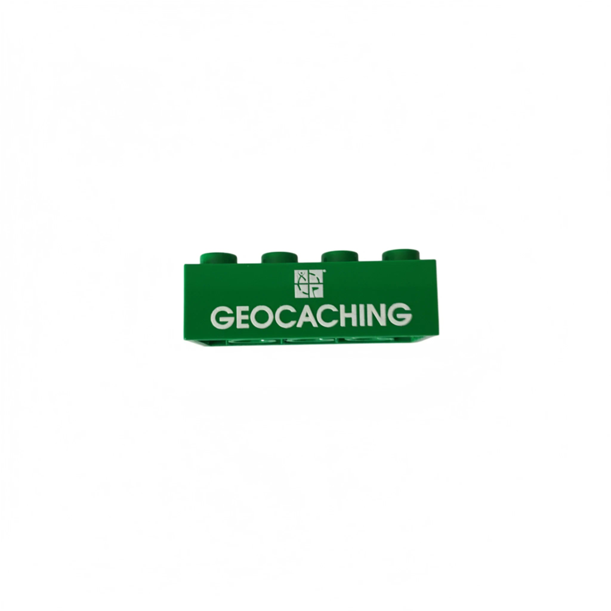 Green geocaching brick container with geocaching logo and text on white background