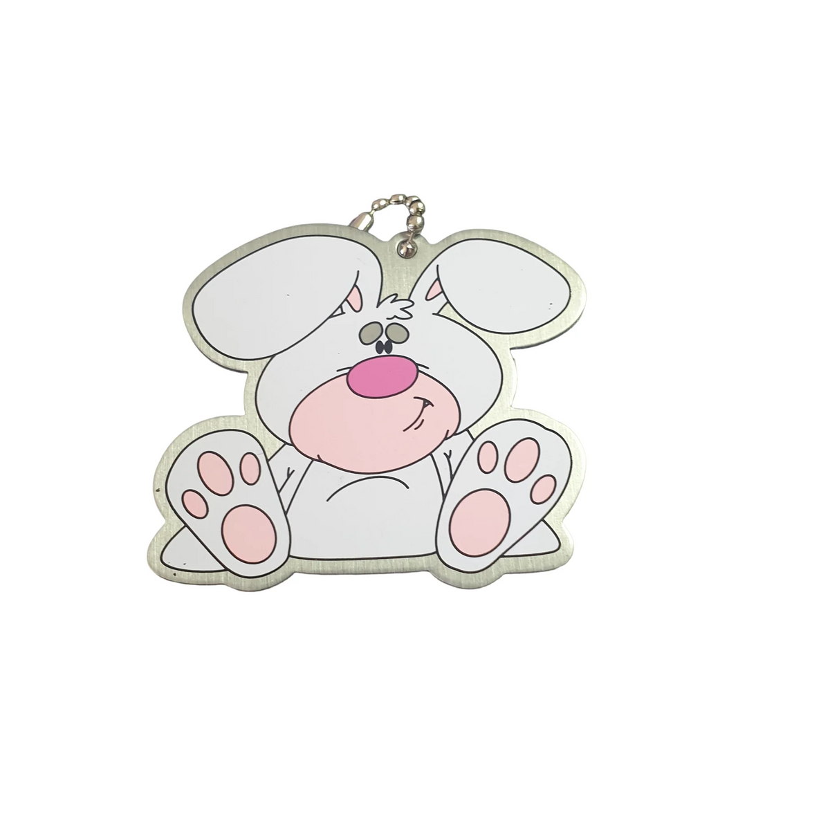Buster the Bunny Cache Buddy trackable tag with large pink paws, pink nose and ball chain
