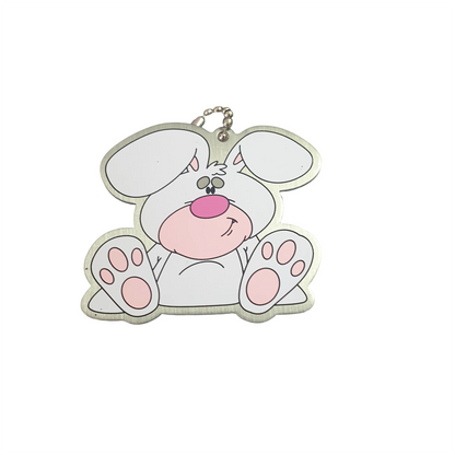 Buster the Bunny Cache Buddy trackable tag with large pink paws, pink nose and ball chain