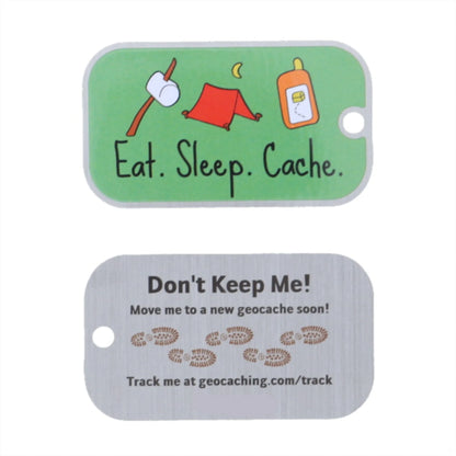 Front and reverse of the Eat Sleep Cache Travel Tag, with green camping-themed artwork and a silver reverse asking finders to move it to a new geocache