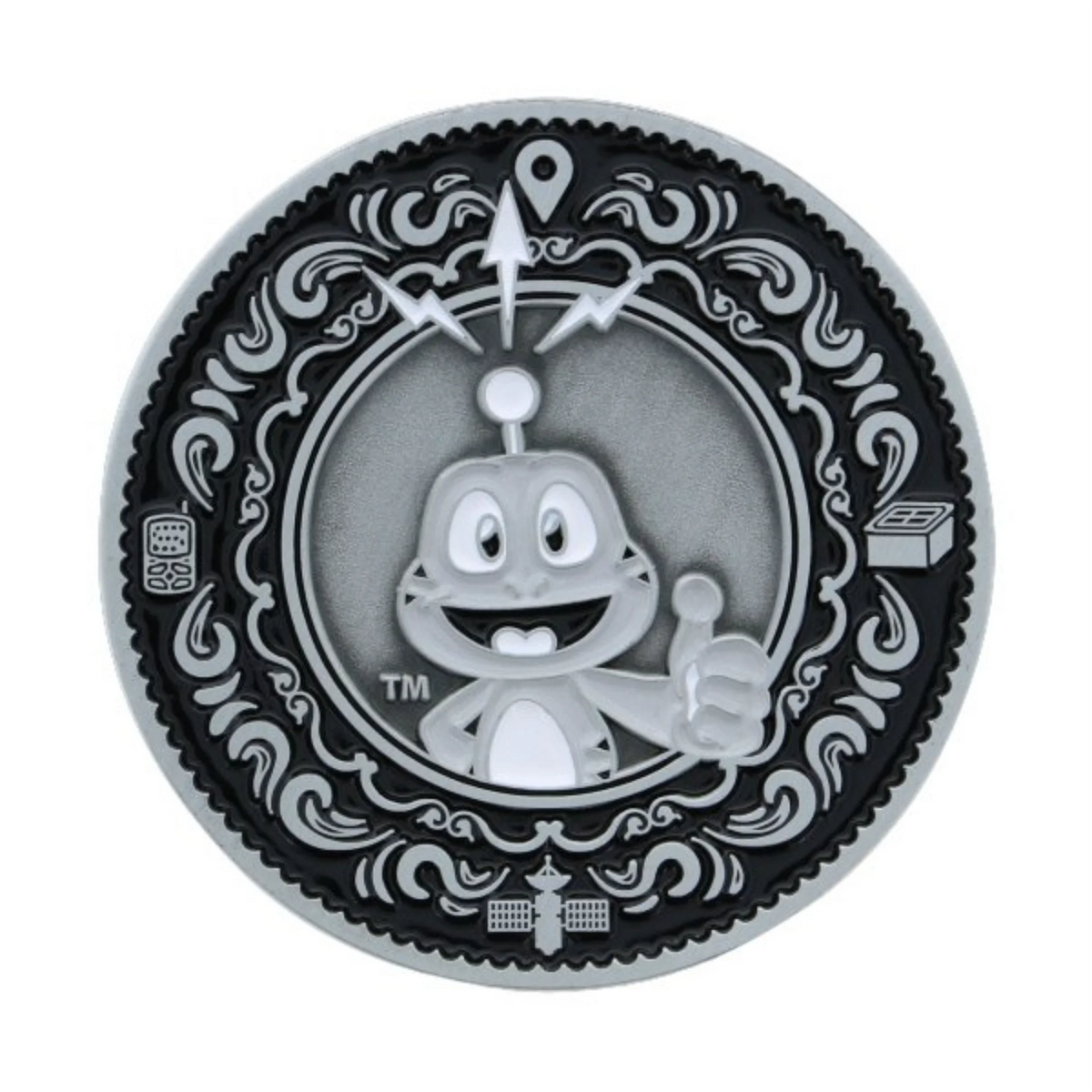 Geocaching Since 2000 Geocoin reverse showing Signal the Frog giving a thumbs-up within an ornate border