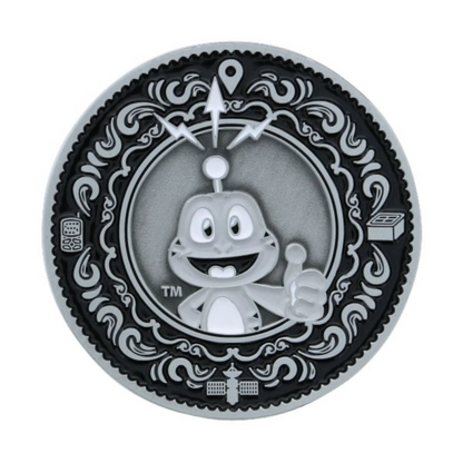 Geocaching Since 2000 Geocoin reverse showing Signal the Frog giving a thumbs-up within an ornate border