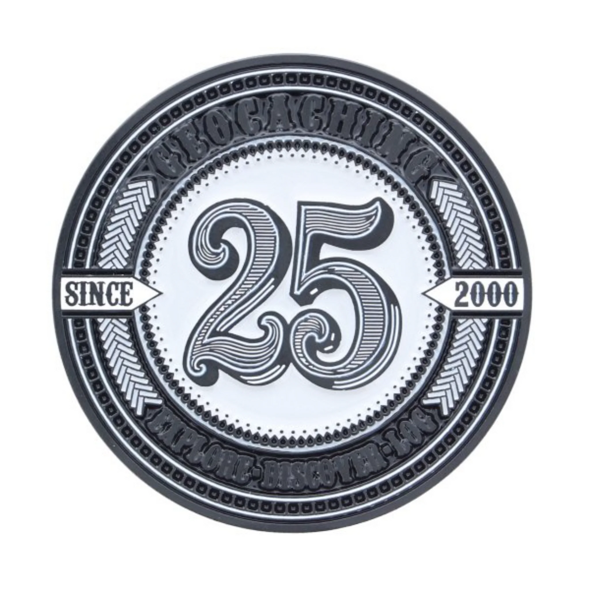 Geocaching Since 2000 Geocoin front with ornate number 25 and Since 2000 lettering