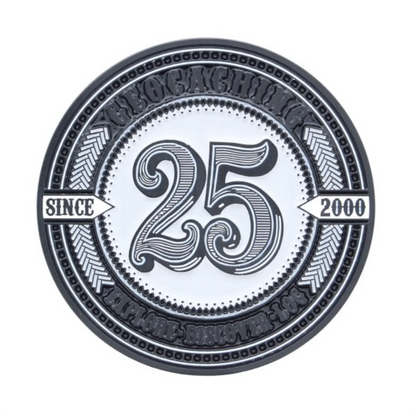Geocaching Since 2000 Geocoin front with ornate number 25 and Since 2000 lettering