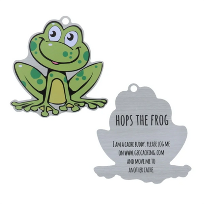 Front and reverse of Hops the Frog Cache Buddy travel tag, showing a smiling spotted green frog and logging instructions