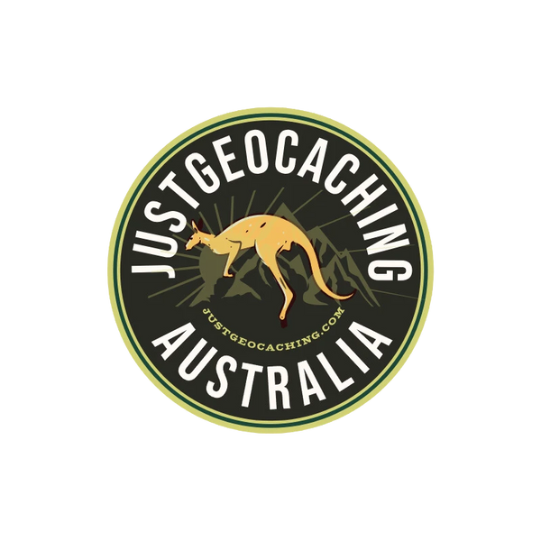 Round geocaching logo with kangaroo silhouette and mountains, text reads Australia.