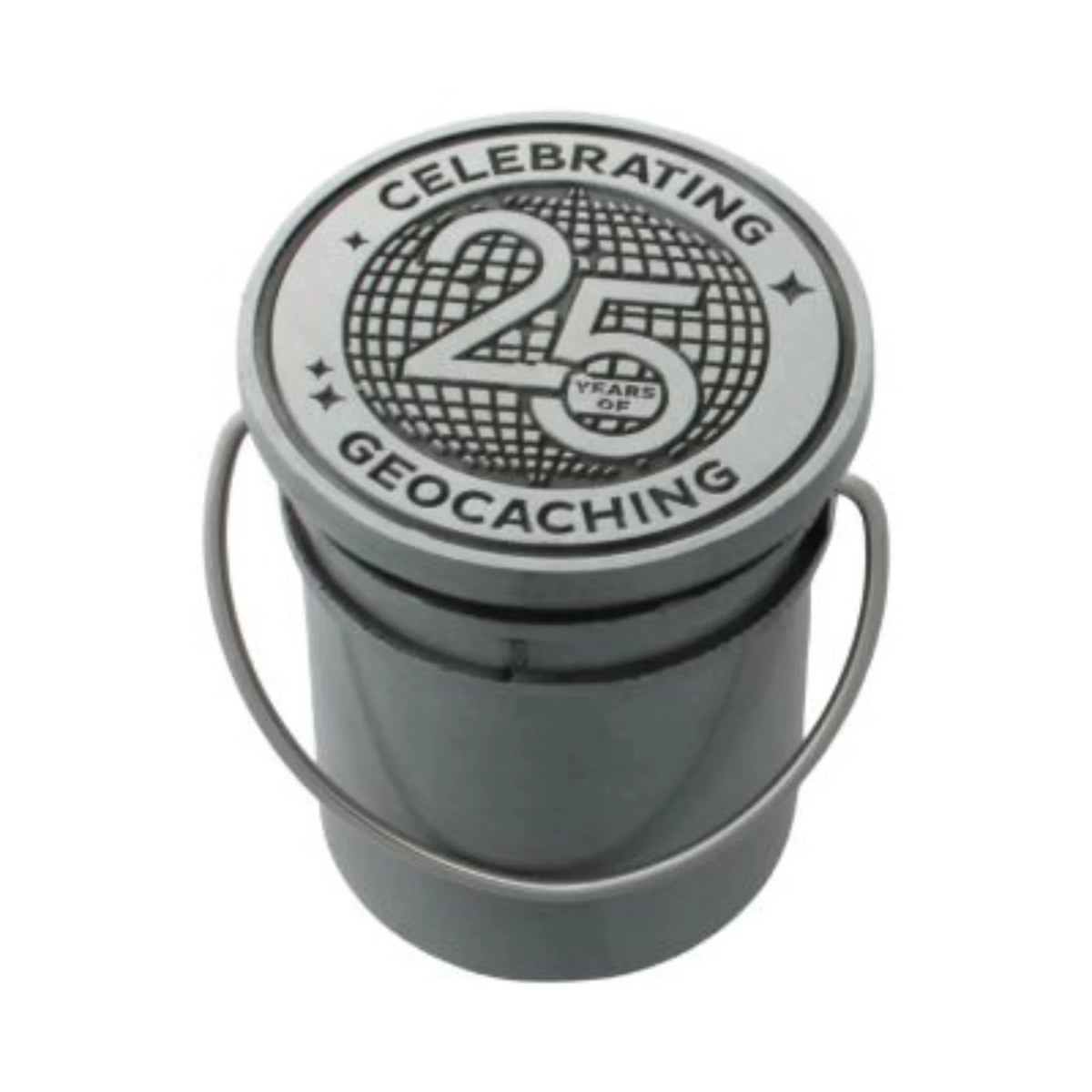 25th Anniversary 3D Bucket Geocoin with closed commemorative lid and working handle