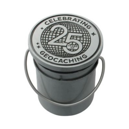 25th Anniversary 3D Bucket Geocoin with closed commemorative lid and working handle