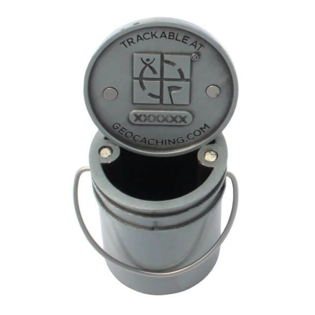 Open 3D bucket geocoin showing magnets and Geocaching tracking design beneath the lid, with code obscured