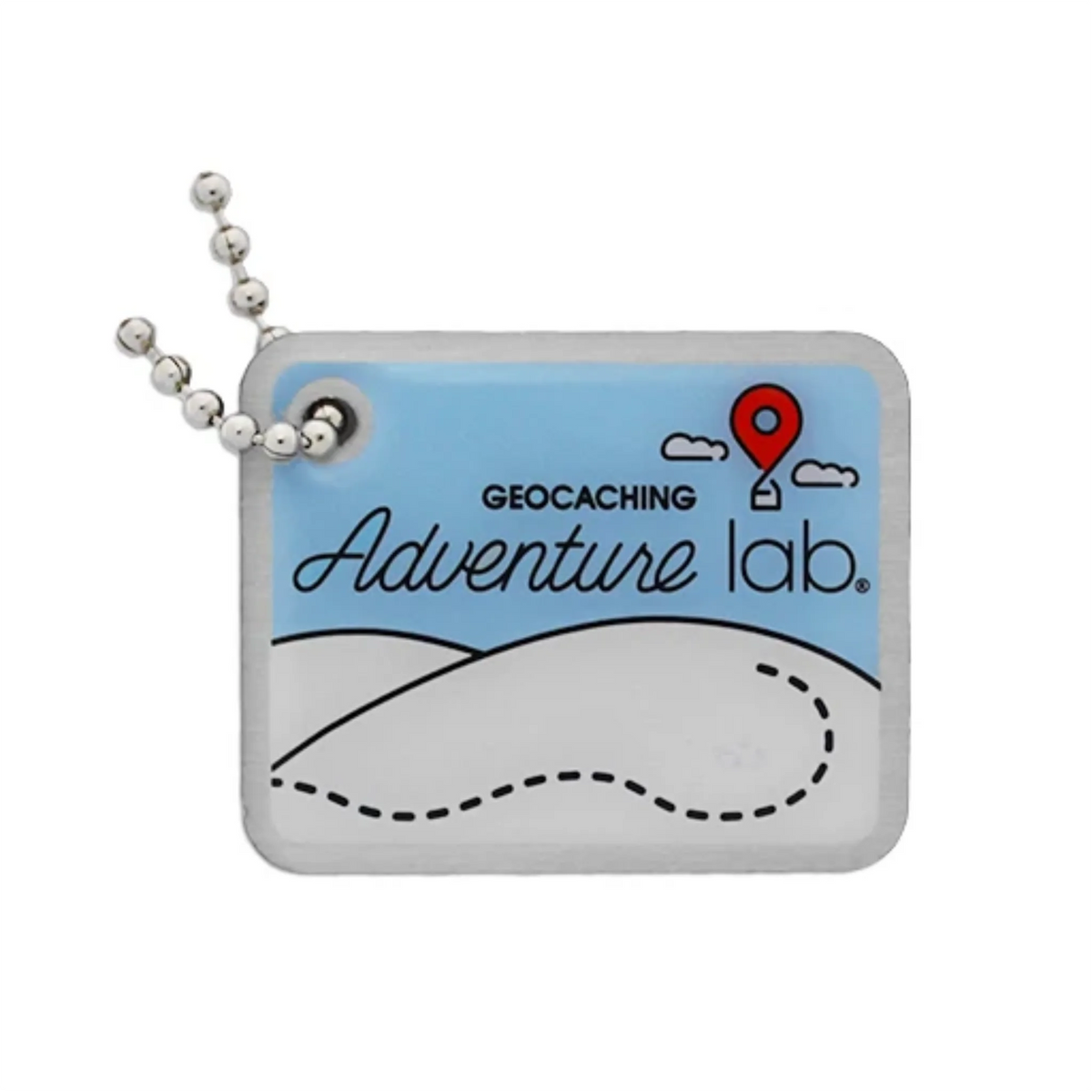 Adventure Lab travel tag with blue sky, red location pin, winding dotted trail and silver ball chain on a white background