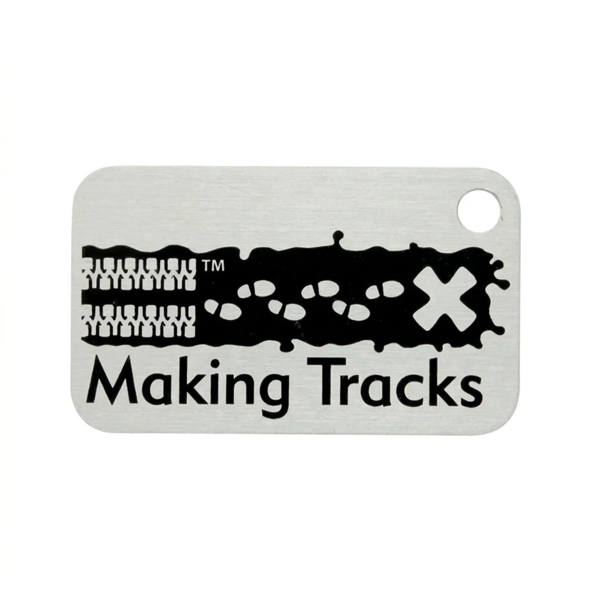 Black Making Tracks metal trackable tag with tyre tracks, footprints and X design on a white background