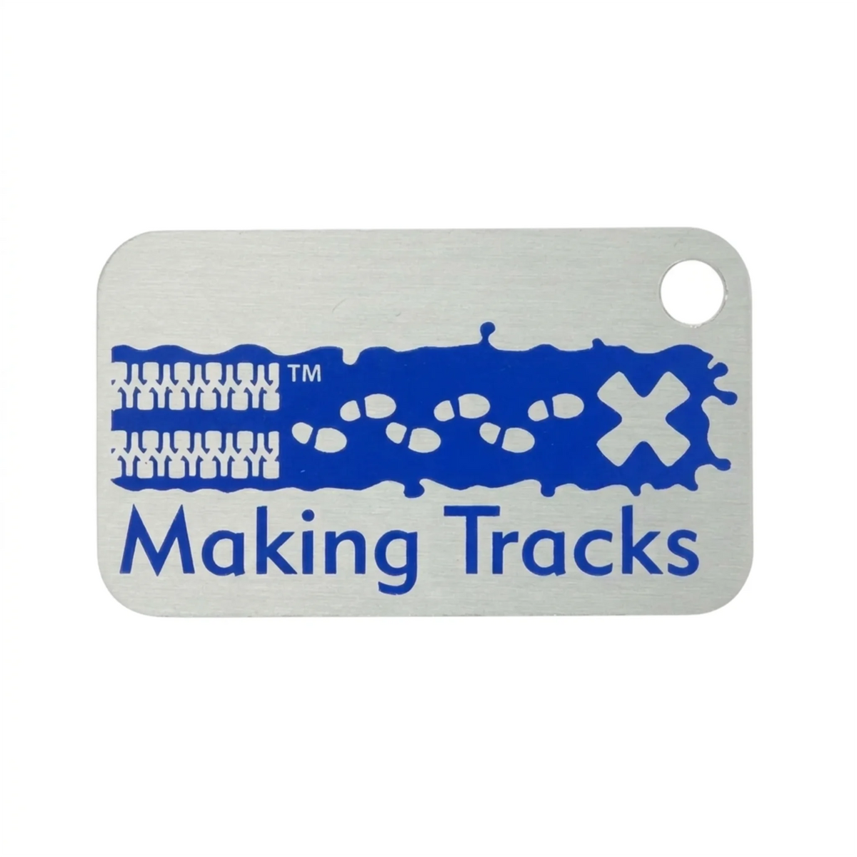 Blue Making Tracks metal trackable tag with tyre tracks, footprints and X design on a white background