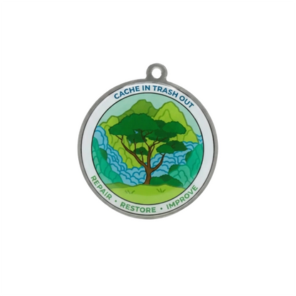 Front of CITO trackable tag with colourful tree artwork on a white background