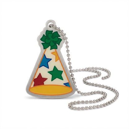 Community Block Party Hat Trackable with colourful stars, green bow, yellow brim and silver ball chain on white