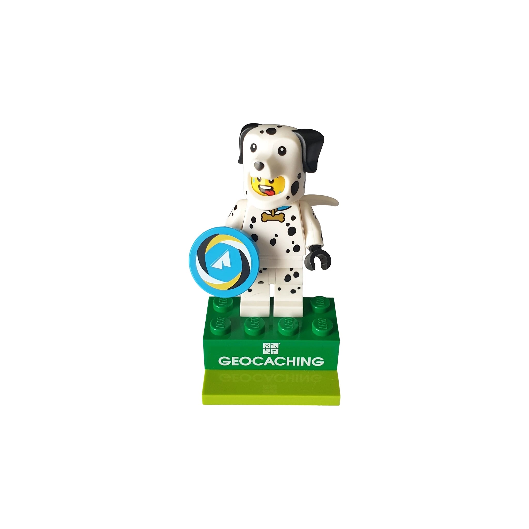 Geocaching Dalmatian dog-themed minifigure on green display base with logo