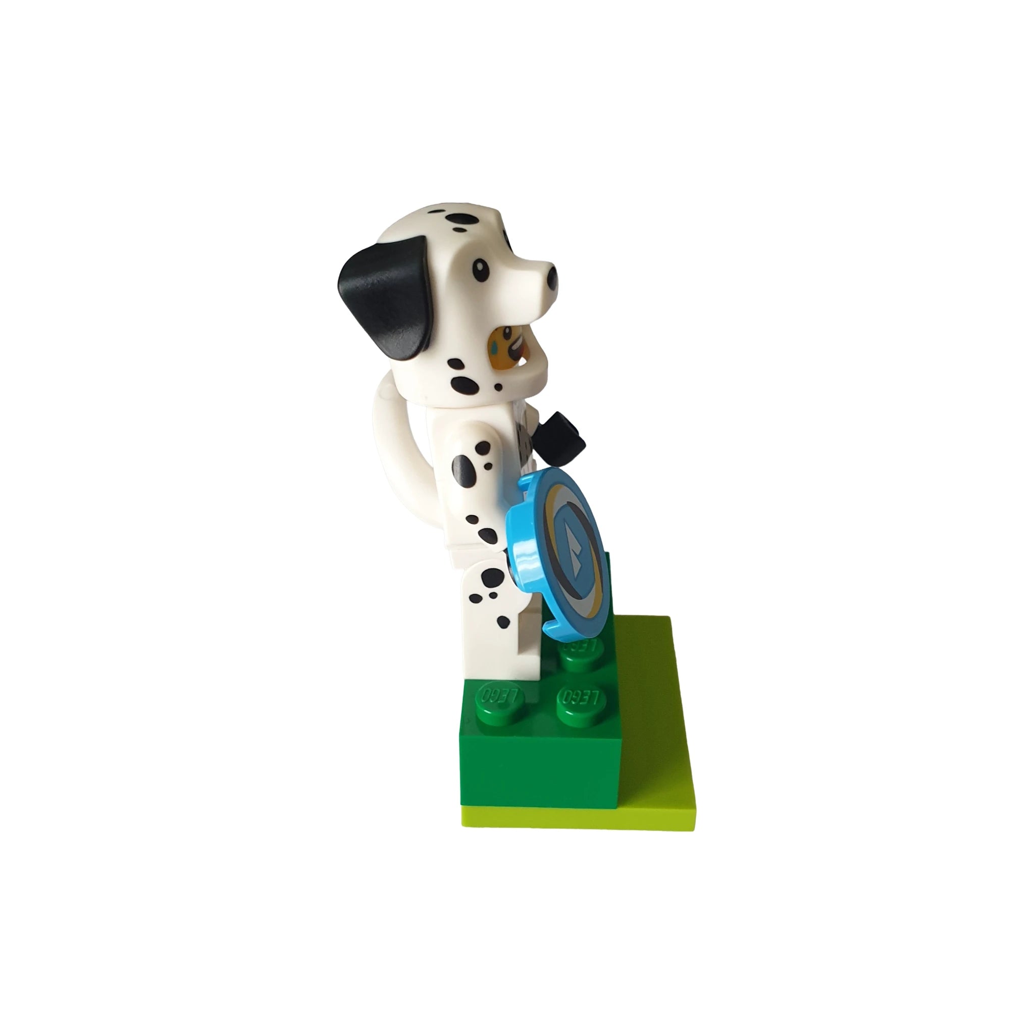Dalmatian dog costume LEGO minifigure holding geocaching shield on green brick base