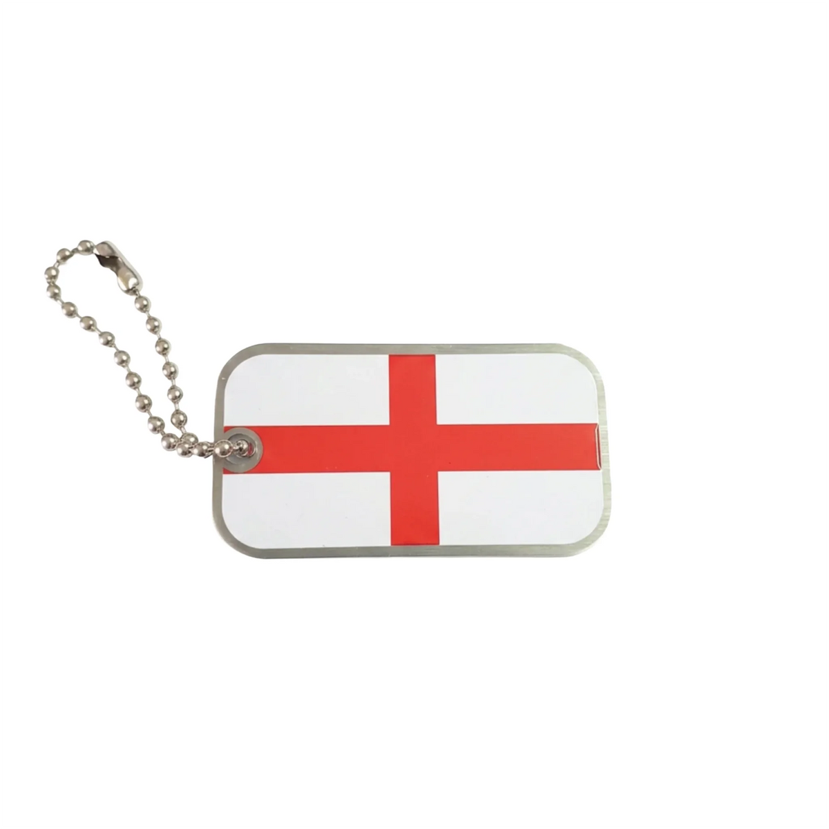 England flag geocaching trackable tag showing St George’s Cross and short ball chain on a white background