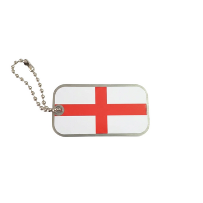 England flag geocaching trackable tag showing St George’s Cross and short ball chain on a white background