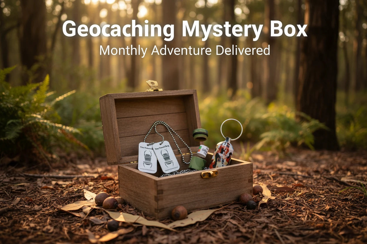 Geocaching mystery box with trackables and gear in a wooden chest in a forest setting